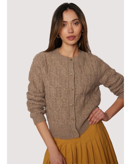 Georgina mocha brown cable-knit cardigan — crew neck, antique-gold buttons 