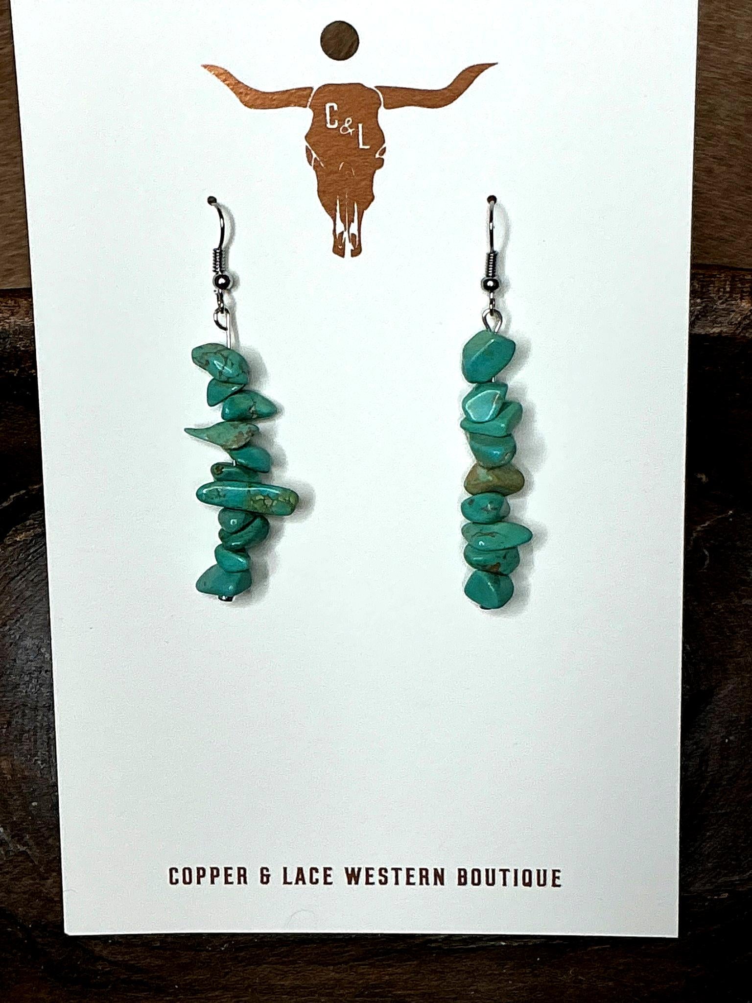Pair of turquoise stone chip earrings on fishhook wires
