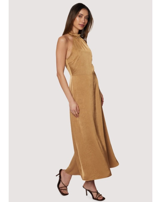Starlit canopy maxi dress halter top to dress back slit in Brassy Gold
