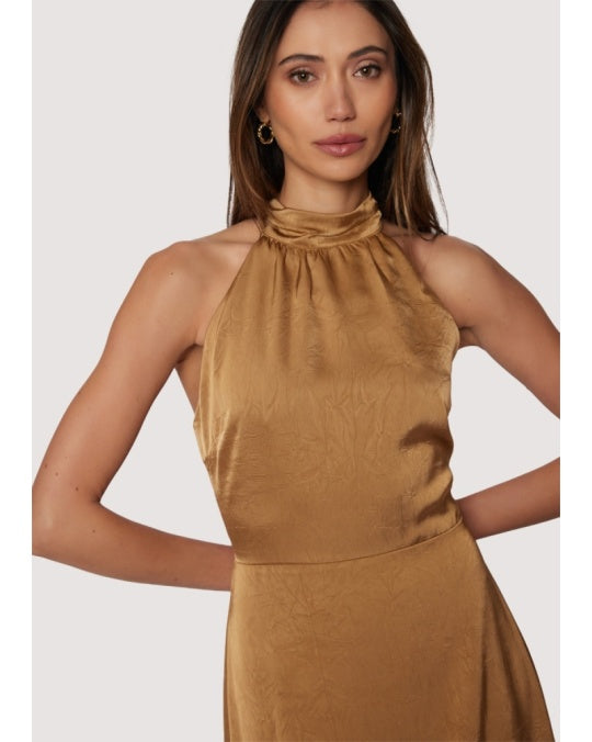Starlit canopy maxi dress halter top to dress back slit in Brassy Gold
