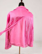 Pink fringed jacket on a mannequin against a white background