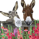 Two donkeys peering over a wooden fence with colorful flowers below