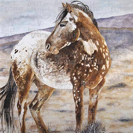 Image of a horse with a spotted coat in a landscape setting ona white tea towel.