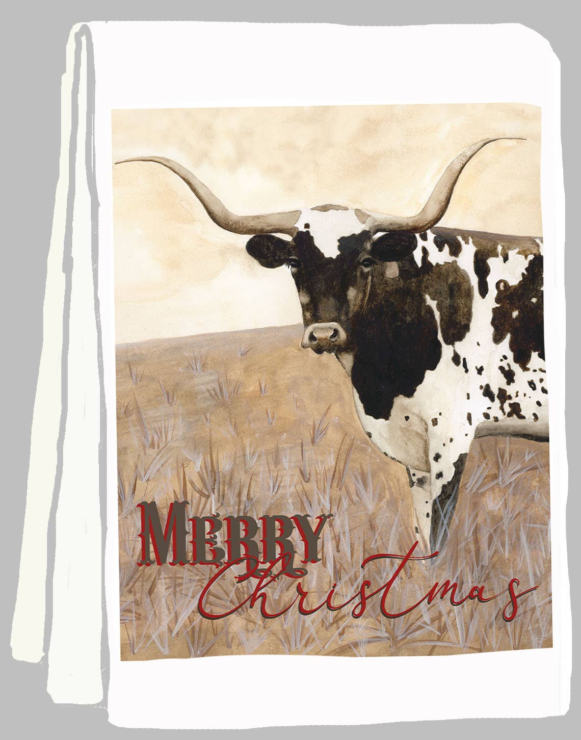 White Kitchen Towel with a longhorn cow and 'Merry Christmas' text on a beige background