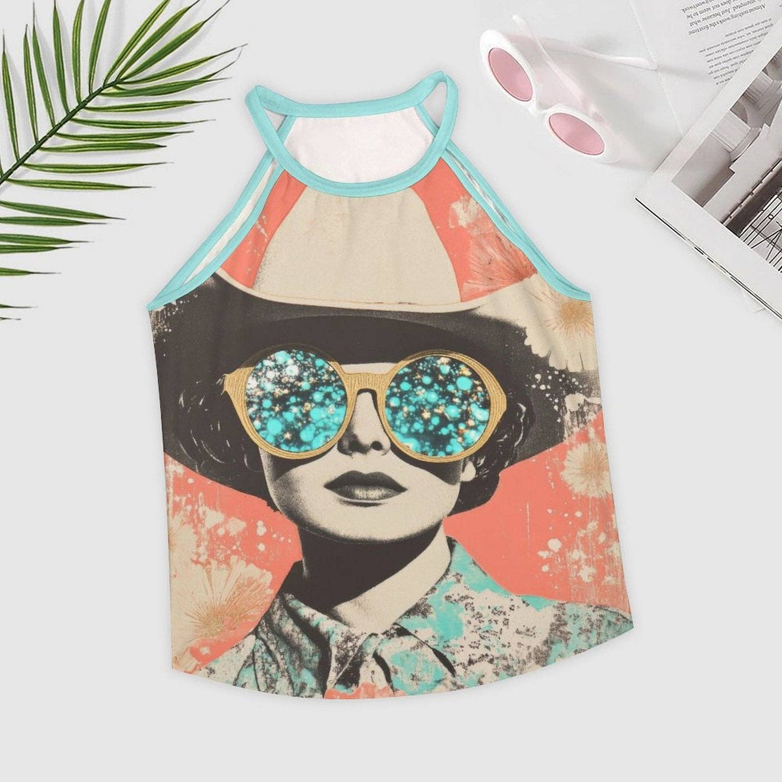 Tank top with a graphic design of a person wearing sunglasses and a hat on a white background.