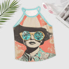 Tank top with a graphic design of a person wearing sunglasses and a hat on a white background.