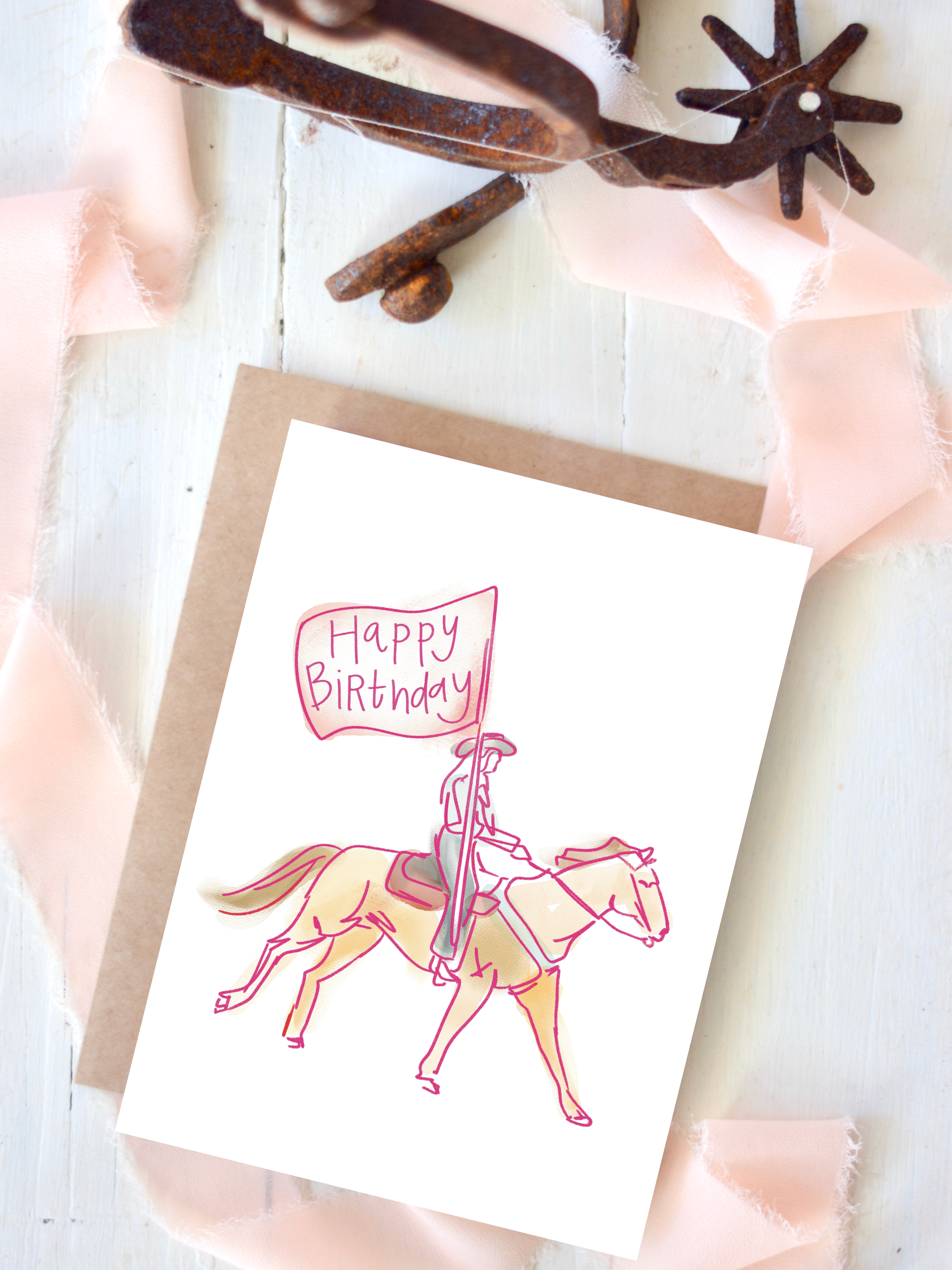 Birthday card with a horse and rider  carrying a flag that says Happy Birthday illustration on a white background