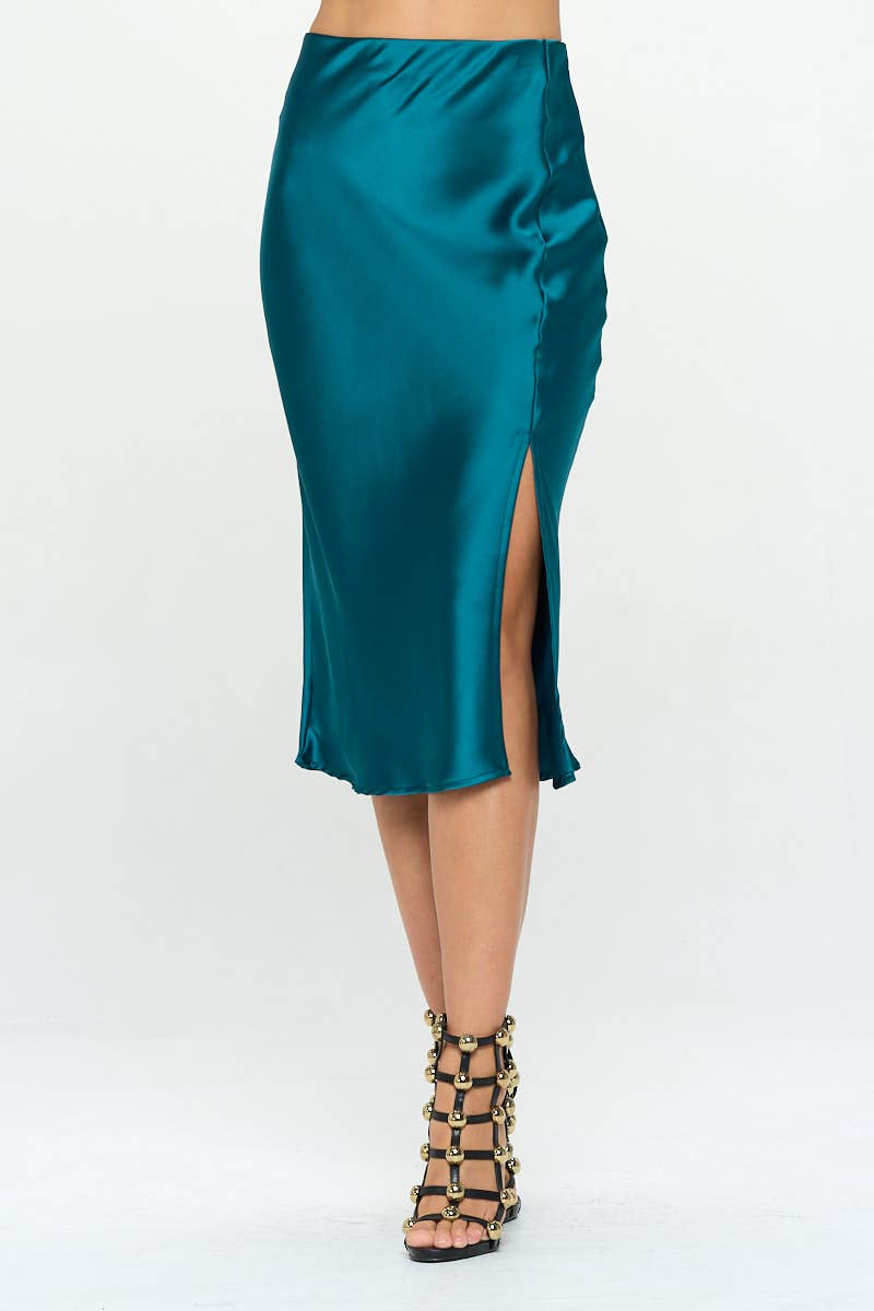 Hunter Green satin skirt with side slit 