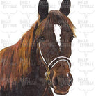 Close-up of a horse's head with a bridle on a white tea towel.