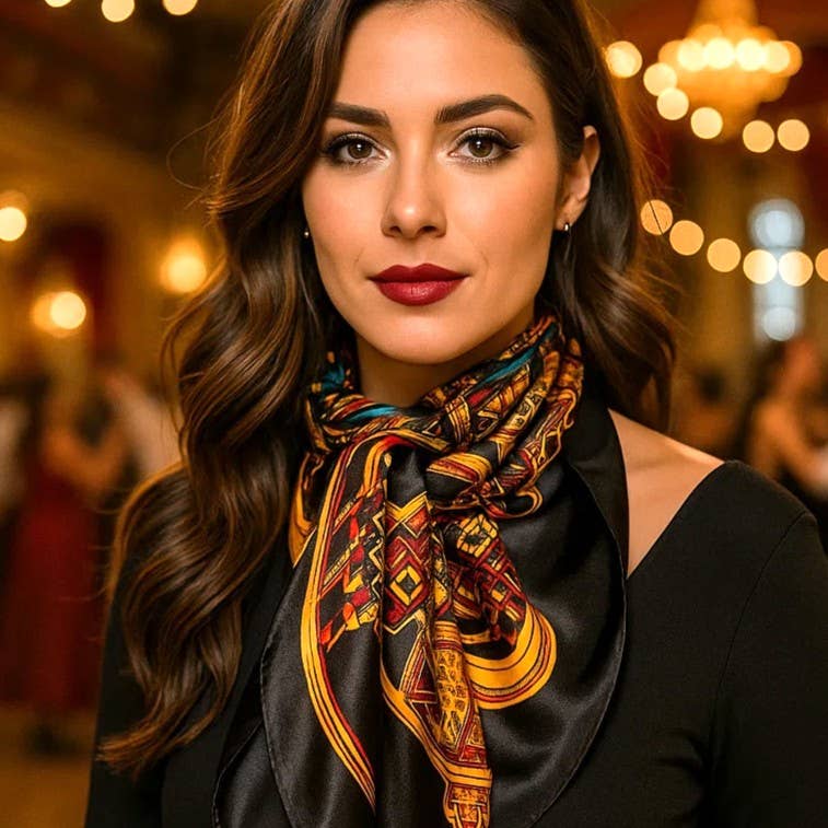 Woman wearing a patterned scarf in a blurred indoor setting