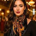 Woman wearing a patterned scarf in a blurred indoor setting