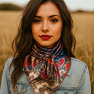 Woman wearing a colorful scarf in a field