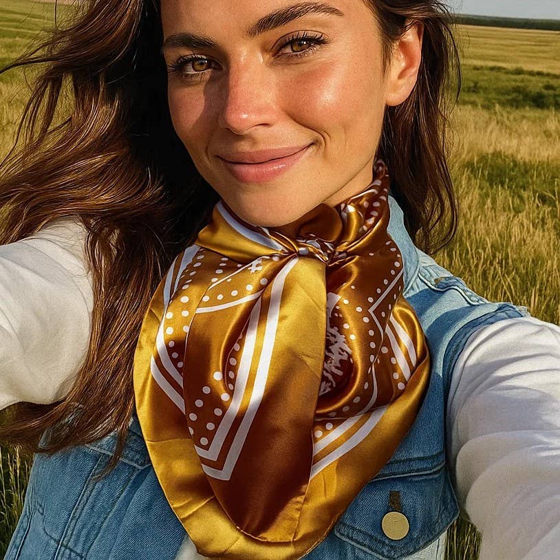 Woman wearing a patterned scarf in a field