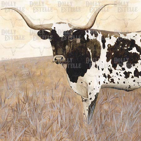 Longhorn cow with large horns in a field on a white tea towel.