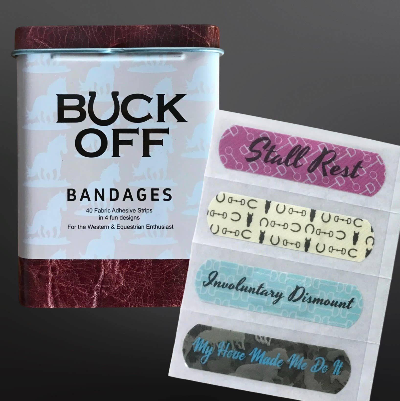 Buck Off bandages in a tin with humorous labels on a dark background