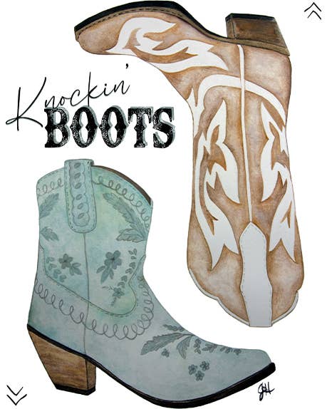 Illustration of two cowboy boots with decorative patterns and the text 'Knockin' Boots' on a kitchen towel.