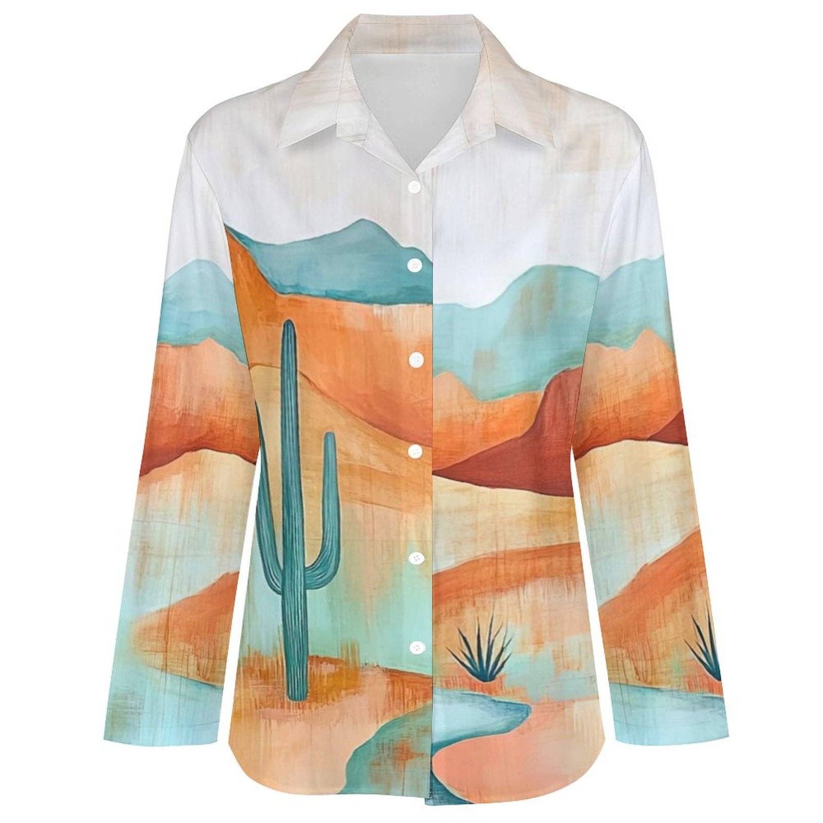 Shirt with desert landscape and cactus design on a white background
