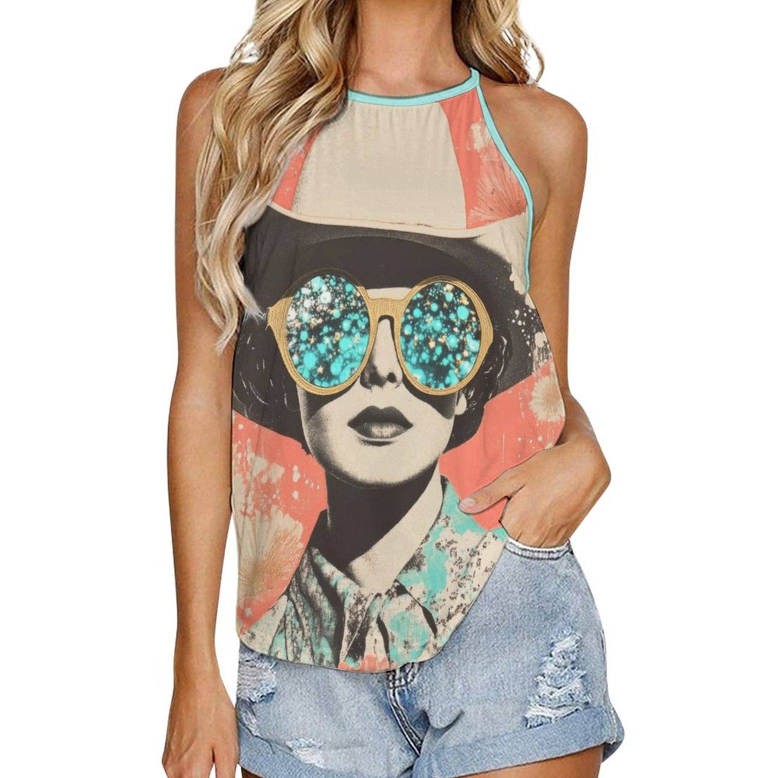Tank top with a graphic design of a woman wearing sunglasses on a white background