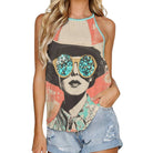 Tank top with a graphic design of a woman wearing sunglasses on a white background