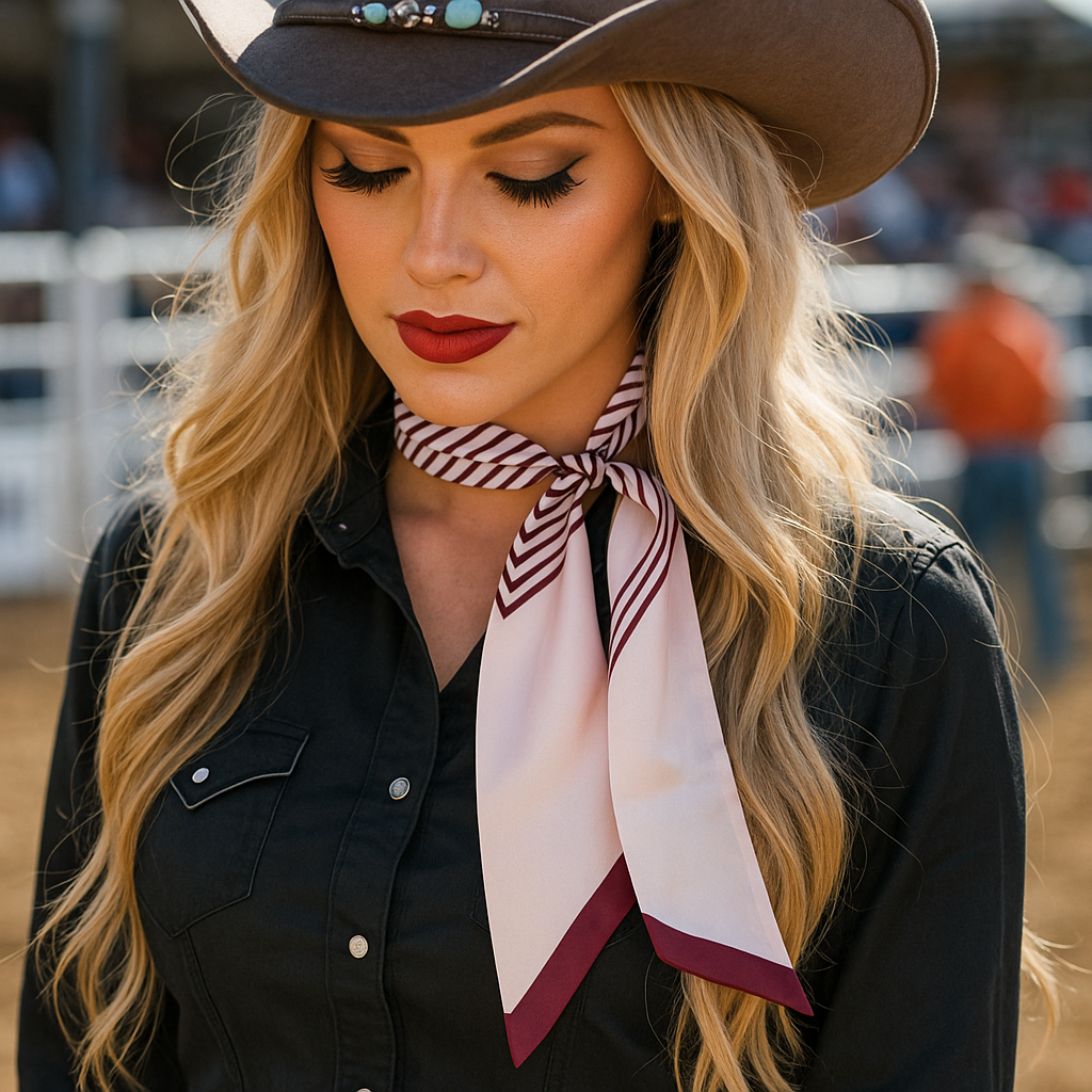 Woman wearing a cowboy hat and black shirt with a burgundy and cream striped scarf, outdoors.