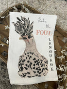 Tea towel with a bird illustration and text on a woven basket background