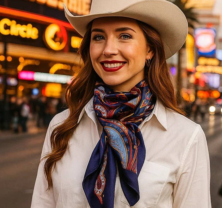 Woman wearing a cowboy hat and colorful scarf in an urban setting with neon lights.
